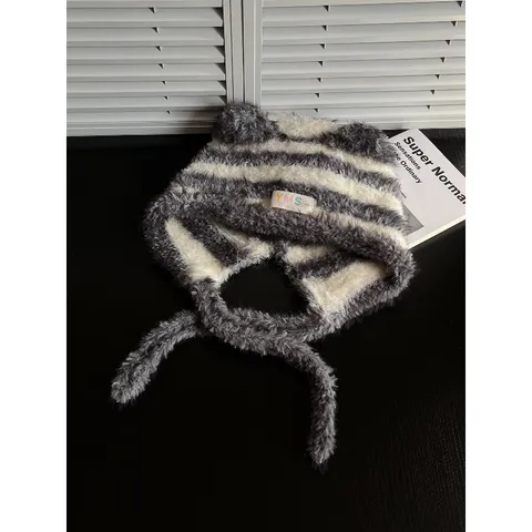 Niedliche Bärenohren Gestreifte Plüsch Strickmütze Damen Herbst Winter Warm Ohrenschutz Pullover Beanies Für Outdoor Alltag Lässig