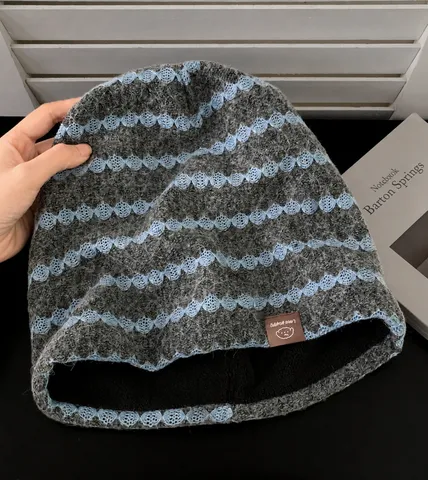 Damen Retro Kontraststreifen Strickmütze Herbst Winter Warm Fleece Gefütterte Skull Cap Lässige Weiche Baggy Mütze