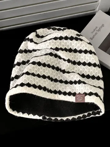 Damen Retro Kontraststreifen Strickmütze Herbst Winter Warm Fleece Gefütterte Skull Cap Lässige Weiche Baggy Mütze
