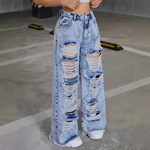 Women High Waist Wide Leg Jeans Distressed Ripped Denim Pants Snow Wash Raw Hem Straight Baggy Trousers Streetwear Casual Bottom