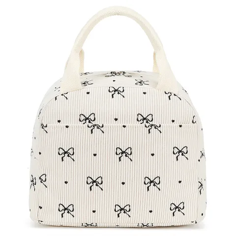 Large Capacity Corduroy Insulated Lunch Bag Printed Portable Bento Box Pouch With Aluminum Foil Lining For Office Picnic