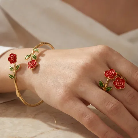 Französische Romantik Emaille Blumen Schmuckset Für Damen Legierung Rose Kamelie Maiglöckchen Sonnenblume Armreif Und Ring Set Eleganter Handschmuck