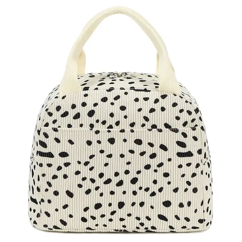 Large Capacity Corduroy Insulated Lunch Bag Printed Portable Bento Box Pouch With Aluminum Foil Lining For Office Picnic