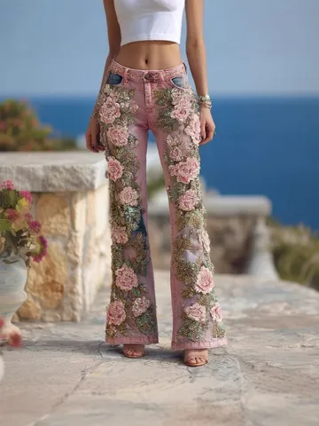 Damen 3D Blumendruck Jeans-Optik Schlaghose Schlank Hohe Taille Bell Bottom Hose Digital Bedruckte Polyester Lange Hose