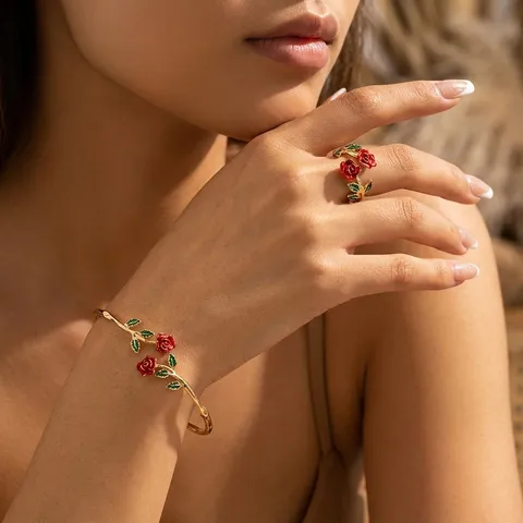 Französische Romantik Emaille Blumen Schmuckset Für Damen Legierung Rose Kamelie Maiglöckchen Sonnenblume Armreif Und Ring Set Eleganter Handschmuck