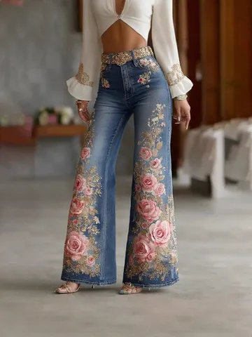 Damen 3D Blumendruck Jeans-Optik Schlaghose Schlank Hohe Taille Bell Bottom Hose Digital Bedruckte Polyester Lange Hose