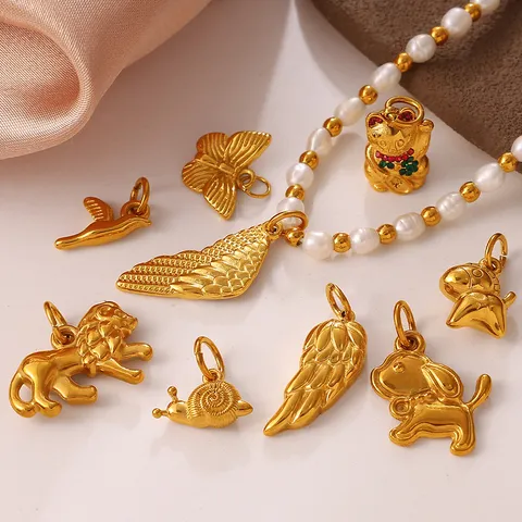 Amuleto de Animal de Acero Inoxidable Retro Chapado en Oro de 18K para Fabricación de Joyas DIY Colgante de Gato de la Suerte Perro León Mariposa para Collar Pulsera