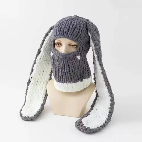 Handgebreide Duivelshoorns Konijnenoren Balaclava Gezichtsmasker Winter Dikke Warme Acryl Gehaakte Muts Voor Dames Heren Grappige Feestmuts