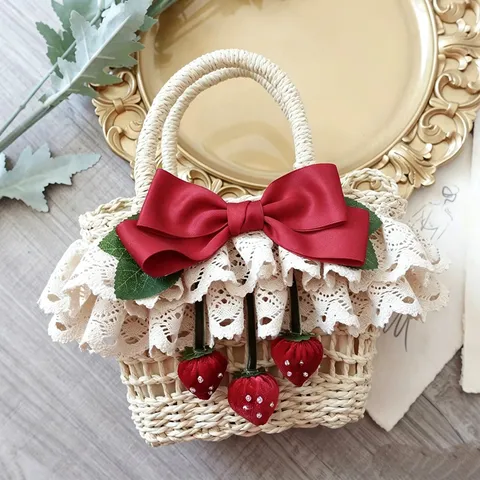 Sac à Main Tissé Fraise Lolita Doux Femmes Dentelle Nœud Décor Été Plage Paille Sac à Main Petit Sac Carré