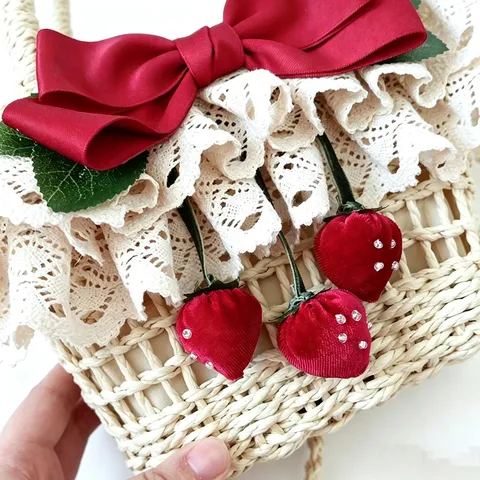 Sac à Main Tissé Fraise Lolita Doux Femmes Dentelle Nœud Décor Été Plage Paille Sac à Main Petit Sac Carré
