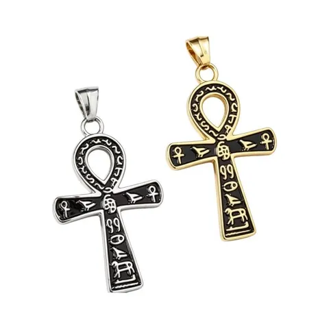 Vintage Ancient Egyptian Anubis Ankh Cross Pendant Necklace Titanium Steel Hieroglyphic Jewelry For Men Boys Gift