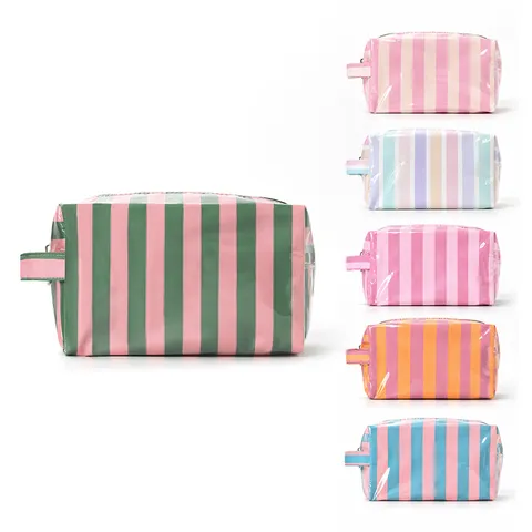 Grote Capaciteit Gestreept Make-up Tas Draagbare Reis Toilettas Waterdicht Polyester PVC Transparant Venster Vrouwen Opbergtas