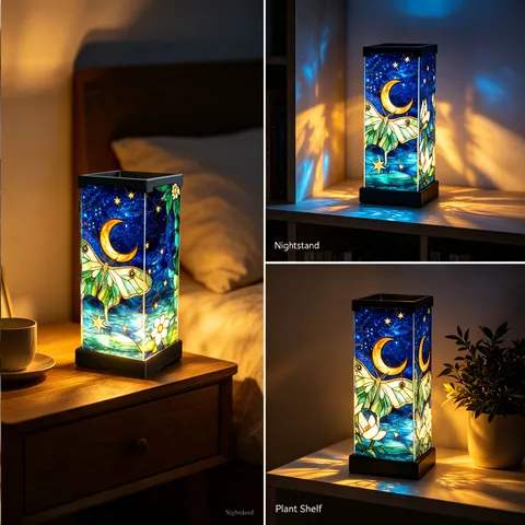 Vintage Stained Glass Style Acrylic Night Light Decorative Moth Moon Pattern LED Desk Lamp For Bedroom Home Decor Bedside Ambient Light