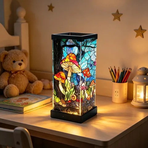 Vintage Stained Glass Style Night Light USB Powered Mushroom Butterfly Forest Pattern Acrylic Decorative Table Lamp For Bedroom
