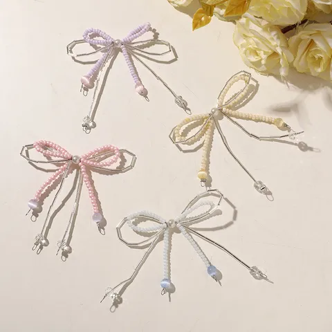 Handwoven Glass Seed Bead Double Bow Charm with Artificial Pearl and Crystal Pendant DIY Accessory for Hair Clips Keychains Phone Straps