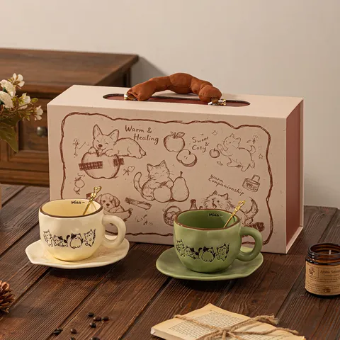 Vintage Katze Keramik Kaffeetasse Und Untertasse Set Mit Löffel Relief Süße Cartoon Kätzchen Becher Geschenkbox Für Hochzeit Geburtstag
