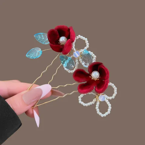 Traditional Chinese Red Velvet Flower Hair Pin Retro Faux Pearl Resin Leaf U-Shape Hairpin Hanfu Bride Hair Jewelry For Women