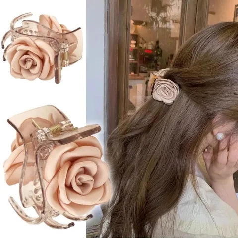 Elegant Camellia Rose Flower Hair Claw Clip For Women Handmade Satin Fabric Hair Accessories Half Tie Hair Shark Clip