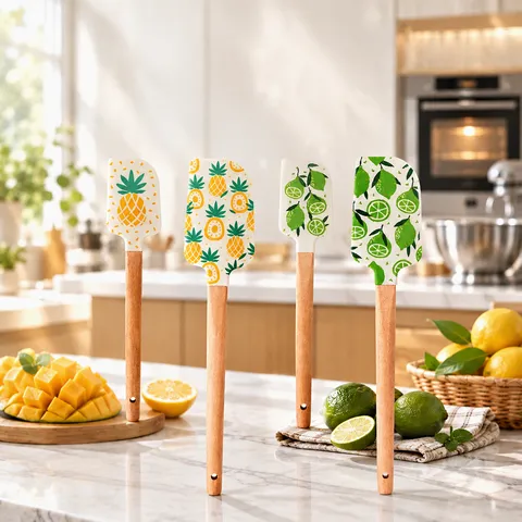 Ensemble de Spatules en Silicone Manche en Bois Imprimé de Fruits Résistant à la Chaleur Racloir à Crème Outil de Cuisson