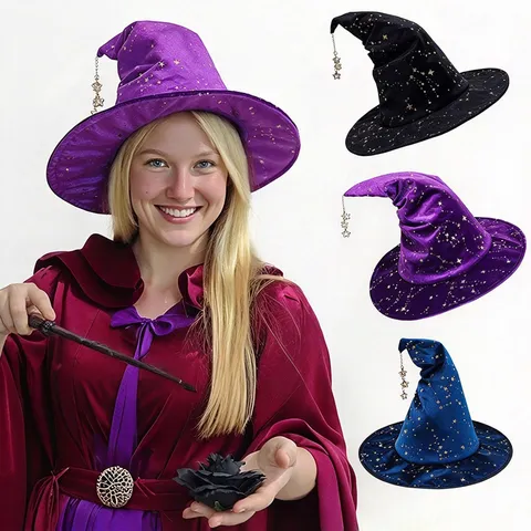 Halloween Witch Hat Star Pattern Velvet Pointed Wizard Hat With Gold Ribbon Bow And Star Pendants Cosplay Party Props