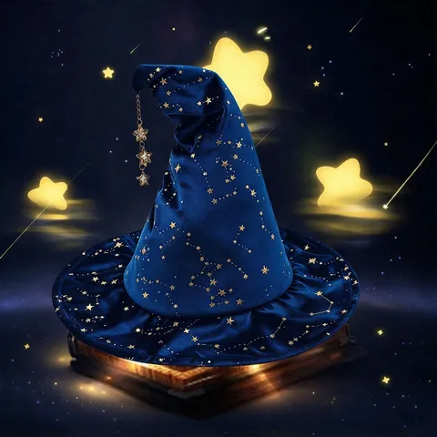 Halloween Witch Hat Star Pattern Velvet Pointed Wizard Hat With Gold Ribbon Bow And Star Pendants Cosplay Party Props