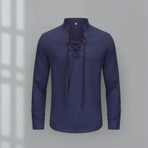 Camicia Henley Casual da Uomo in Misto Cotone a Maniche Lunghe con Colletto alla Coreana Maglia Vintage da Spiaggia