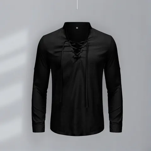 Camicia Henley Casual da Uomo in Misto Cotone a Maniche Lunghe con Colletto alla Coreana Maglia Vintage da Spiaggia