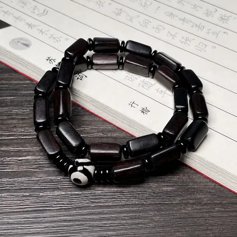 Vintage Unisex Sandalwood Ebony Wood Beaded Bracelet With Dzi Bead Handmade Polished Geometric Wood Beads Mala Bracelet For Meditation Ethnic Jewelry Gift
