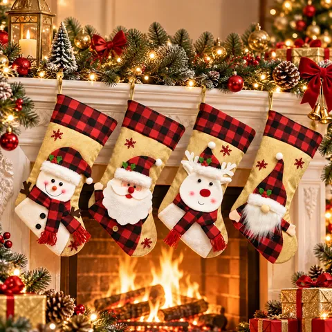 Chaussette De Noël Sac Cadeau Toile De Jute Carreaux Dessin Animé Père Noël Bonhomme De Neige Renne Gnome Décoration