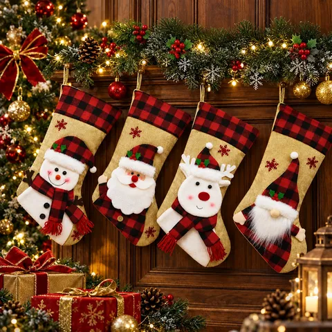 Chaussette De Noël Sac Cadeau Toile De Jute Carreaux Dessin Animé Père Noël Bonhomme De Neige Renne Gnome Décoration