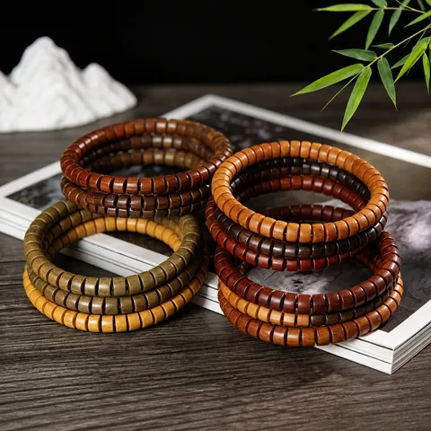 Natürliches Holzperlenarmband Sandelholz Ebenholz Grünes Sandelholz Polierte Tablettenperlen Retro Ethnisch Unisex