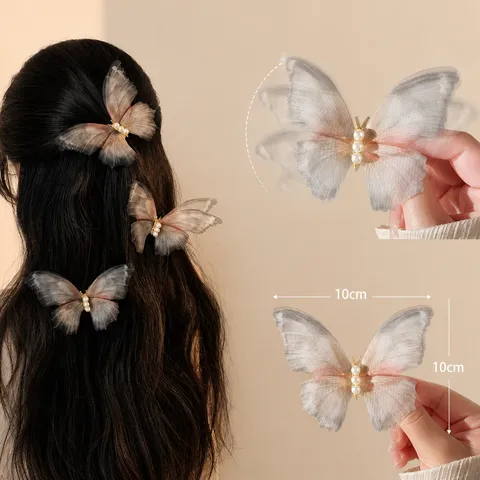 Elegant Butterfly Hair Clip With Tulle Wings And Faux Artificial Pearls Fairy Gradient Hairpin Duckbill Side Clip Women