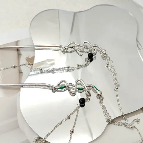 Women Vintage Snake Shape Hair Stick With Long Tassel Silver Enamel Green Drip Oil Metal Hair Accessory For Buns Party Jewelry