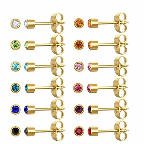 Minimalist Stainless Steel Stud Earrings For Women Rhinestone Inlaid Round Geometric Piercing Jewelry Gift Gold Silver