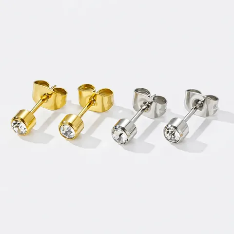 Minimalist Stainless Steel Stud Earrings For Women Rhinestone Inlaid Round Geometric Piercing Jewelry Gift Gold Silver