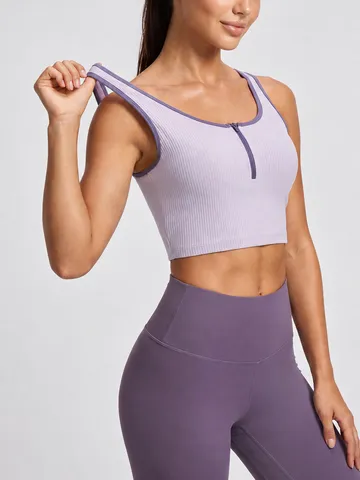 Women Zipper Ribbed Yoga Vest Top Color Block Striped Sports Tank Top Fixed Cup Breathable Running Fitness Activewear