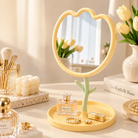 Specchio per Trucco da Tavolo a Forma di Fiore di Tulipano Con Base a Vassoio Stile Ins Specchio da Toeletta Regolabile per Camera da Letto
