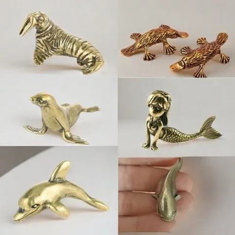 Vintage Antikbronze Legierung Meerestiere Mini Figuren Walross Seelöwe Delfin Meerjungfrau Statuen Schreibtisch Home Dekor