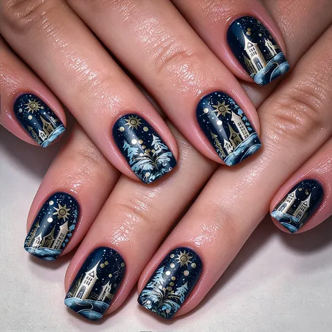 Christmas Short Glossy Square Press On Nails Blue Gold Castle Snowflake Winter Night Starry Sky Fake Nails For Women Party