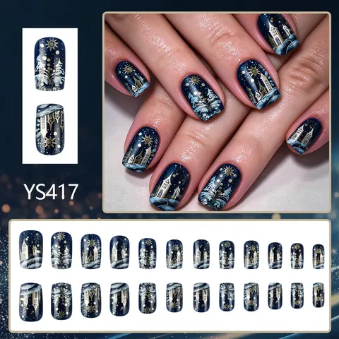 Christmas Short Glossy Square Press On Nails Blue Gold Castle Snowflake Winter Night Starry Sky Fake Nails For Women Party