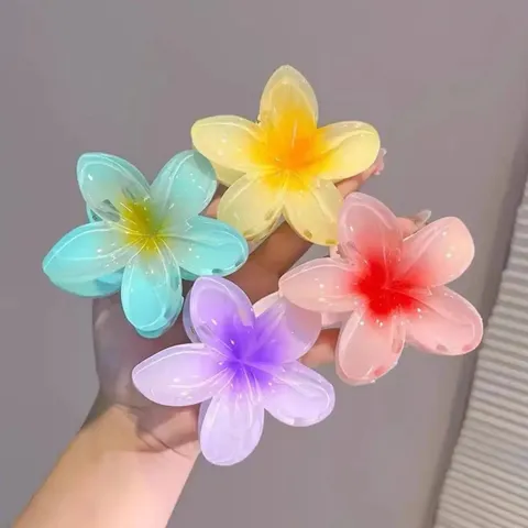 Tropical Frangipani Flower Hair Claw Clip For Women Bohemian Plumeria Shark Clip Gradient Resin Hair Accessories For Beach Vacation Daily Styling