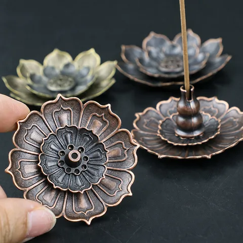 Vintage Alloy Lotus Incense Burner Metal Sandalwood Stick Holder Bronze Flower Censer Meditation Home Yoga Decor Zen Joss Stick Base