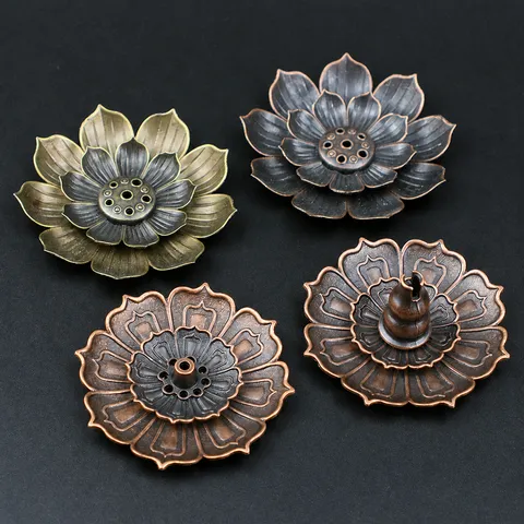 Vintage Alloy Lotus Incense Burner Metal Sandalwood Stick Holder Bronze Flower Censer Meditation Home Yoga Decor Zen Joss Stick Base