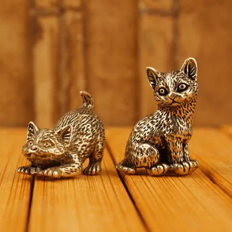 Vintage Brass Mini Cat Figurine Statue Desk Decor Antique Animal Sculpture Miniature Kitty Ornament For Home Office Tea Pet Gift