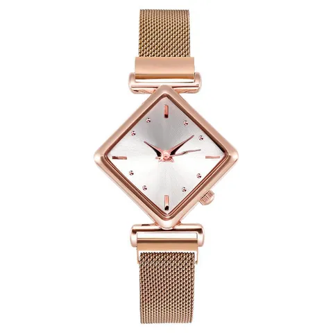 Damen Mode Raute Quarzuhr Und Strass Armband Set Roségold Gehäuse Mesh Band Minimalistische Armbanduhr Schmuck Geschenk