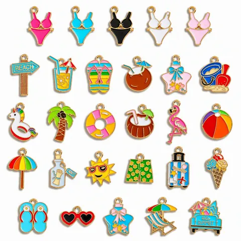 Summer Beach Vacation DIY Alloy Pendants Colorful Enamel Charms For Jewelry Making Flamingo Palm Tree Flip Flops Pendants