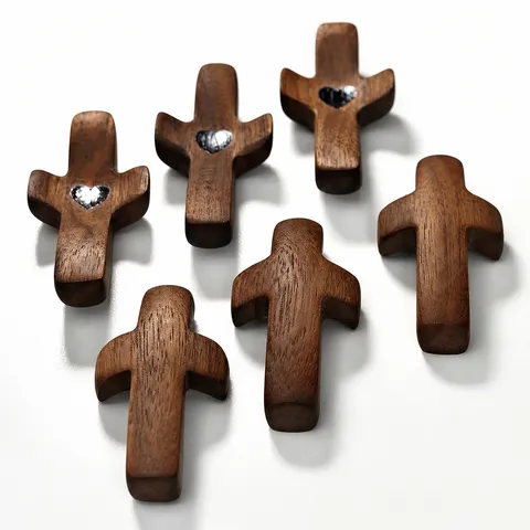 Black Walnut Wood Thumb Cross Handheld Pocket Prayer Cross With Heart Design For Meditation Church Easter Gift