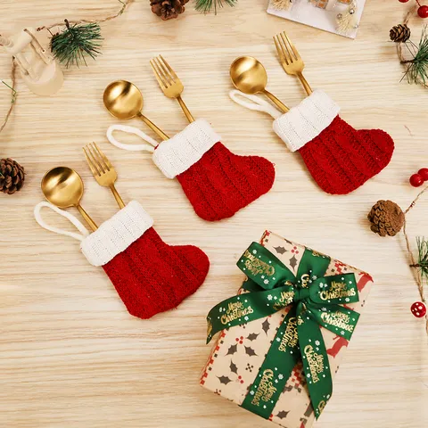 Christmas Knitted Sock Cutlery Holder Striped Mini Stocking Gift Bag Hanging Ornament Festive Table Decoration For Party