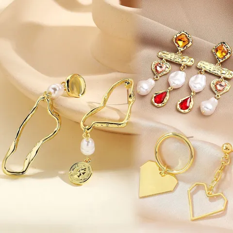 Asymmetric Dangle Earrings For Women Artificial Baroque Pearl Vintage Coin Heart Geometric Alloy Retro Minimalist Ins Style Jewelry