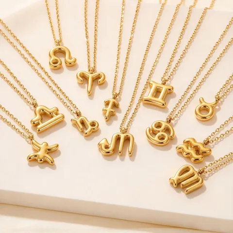 Zodiac Sign Pendant Necklace Gold Plated Stainless Steel Bubble Constellation Jewelry For Women Men Gift